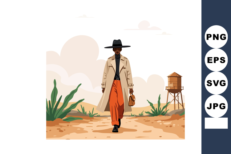 Woman in beige trench coat and black hat walking in desert l