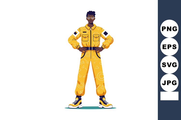 Young confident man in yellow jumpsuit standing with hands o