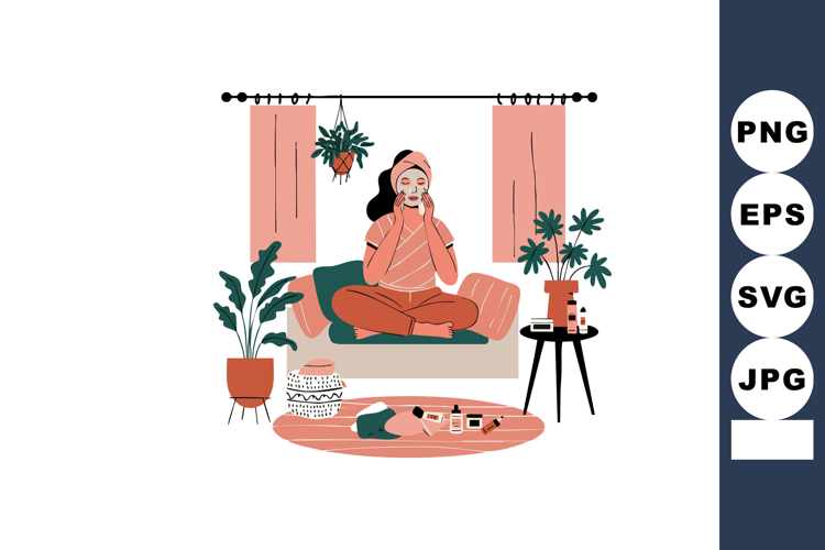 Woman Enjoying Self Care Skincare Routine in Cozy Home Inter