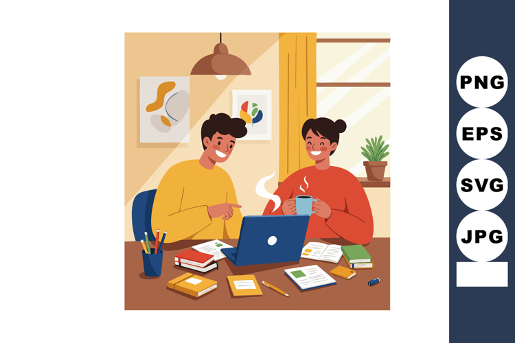 Two young people studying together with laptop and books in