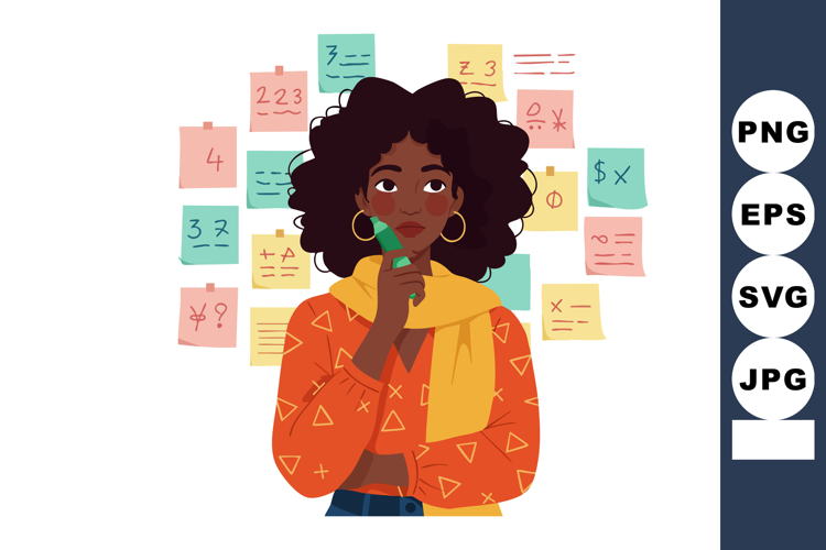 Thoughtful woman surrounded by colorful sticky notes solving