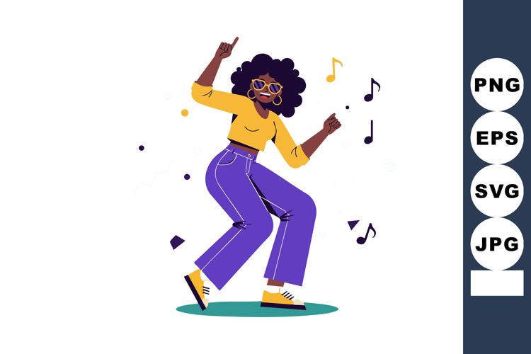 Woman dancing to music in purple pants and yellow top vector