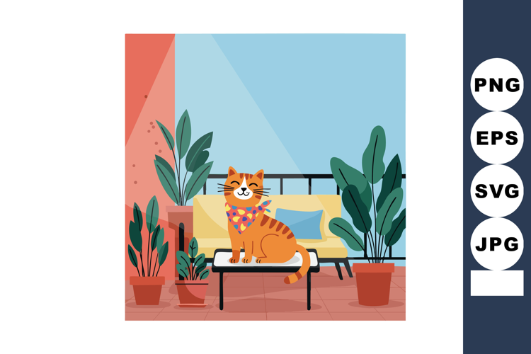 Orange Cat Sitting on Couch with Green Potted Plants in Brig