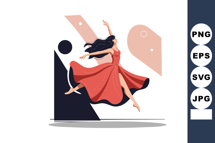 Woman dancing in red dress with flowing hair abstract geomet