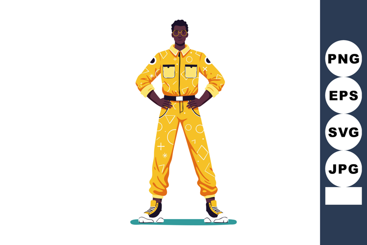 Confident man in yellow jumpsuit standing with hands on hips