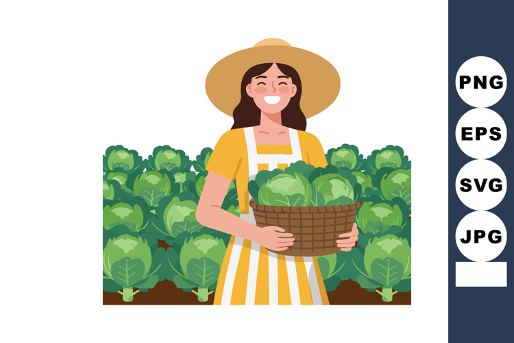 Woman farmer harvesting fresh green cabbage in garden basket