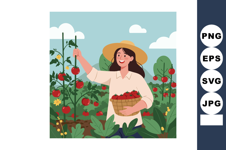 Woman harvesting ripe red tomatoes in garden with green plan