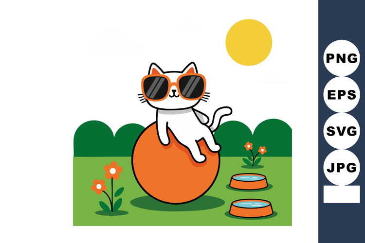 Cat wearing sunglasses relaxing on orange ball under yellow