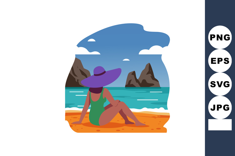 Woman in purple hat relaxing on tropical beach with rocky is