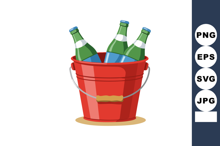 Green Bottles in Red Bucket Vector Illustration for Beverage