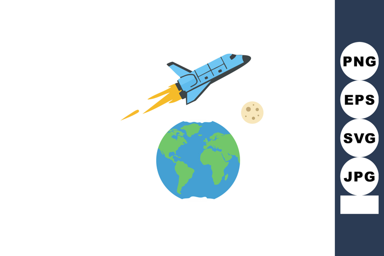 Space shuttle flying above Earth with moon in background vec