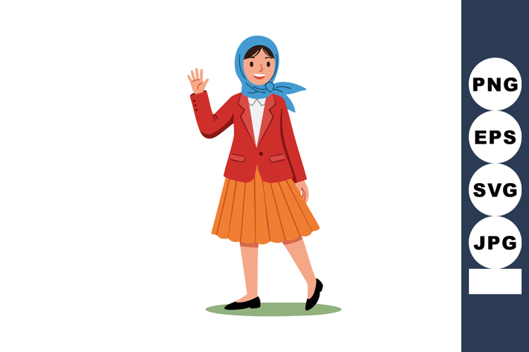Woman in blue headscarf waving hand wearing red jacket and o