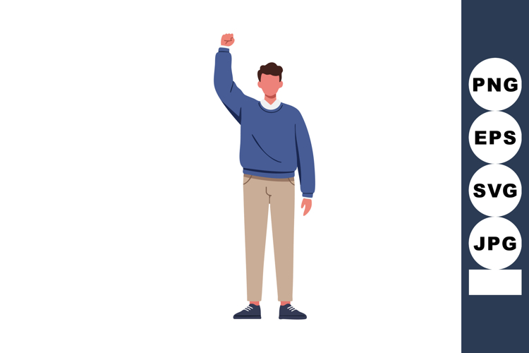 Young man raising fist standing in casual clothing blue swea