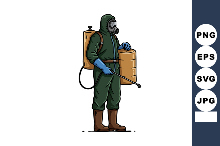 Person in protective hazmat suit spraying disinfectant with