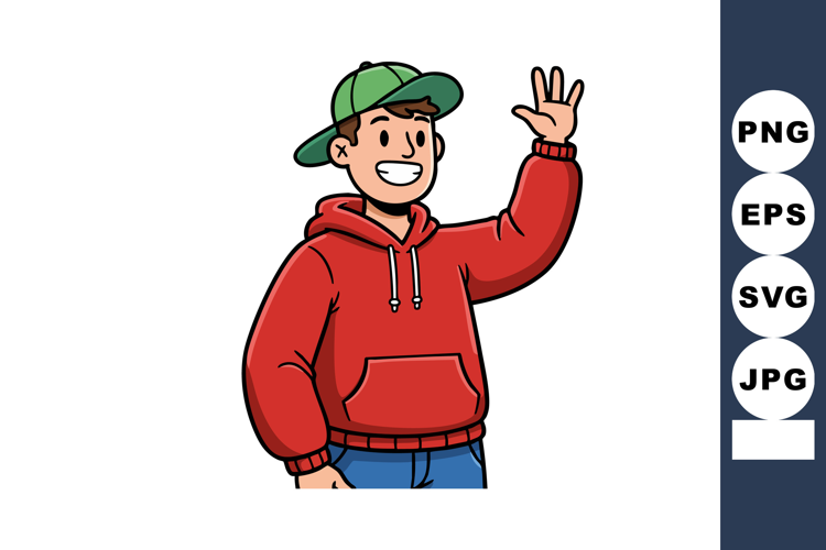 Young man waving hand wearing red hoodie and green cap casua