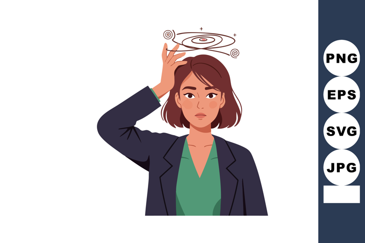 Woman with dizziness symptom illustration showing spinning c