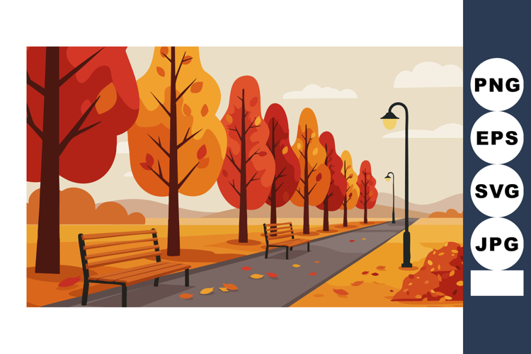 Autumn park pathway with colorful orange and red trees and b