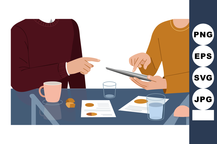 Two people discussing documents and using tablet device at t