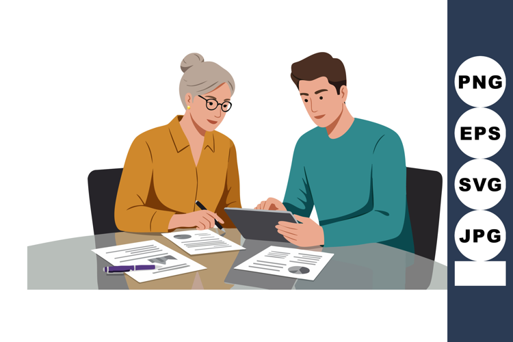 Elderly woman and young man collaborating on paperwork and t