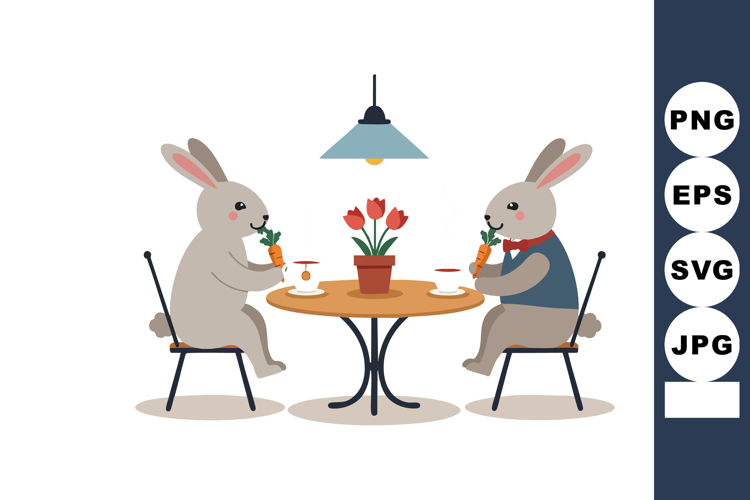 Two rabbits eating carrots at round table with flowers and l