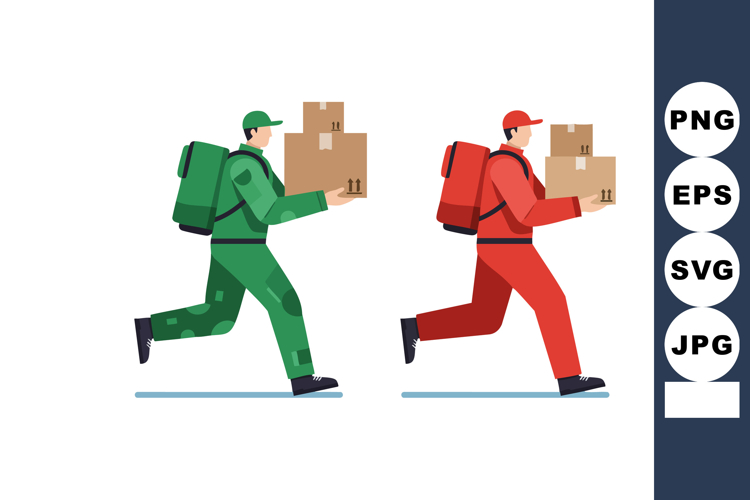 Delivery workers running with backpacks carrying boxes in re