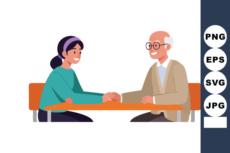 Elderly man and young woman holding hands sitting at table v
