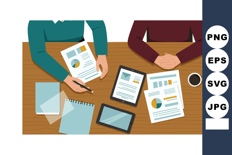 Business meeting with financial reports and digital devices