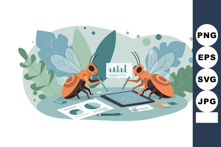 Bees working on digital tablet with financial charts and lea
