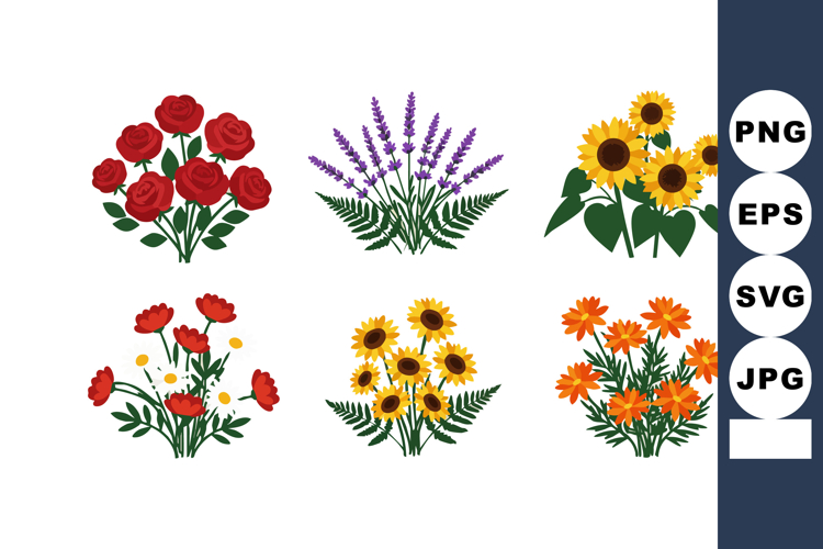 Various colorful flower bouquets including red roses, lavend