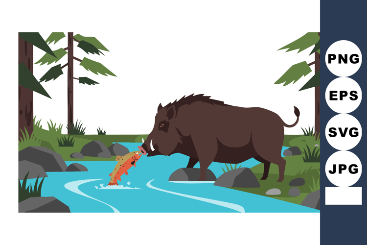 Wild boar drinking water from forest stream with green trees