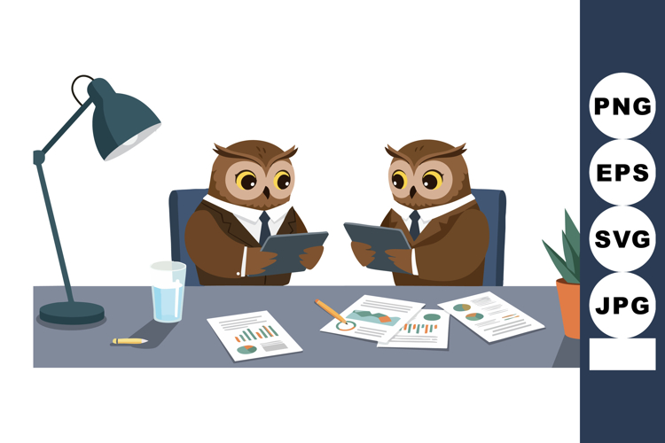 Owl Business Meeting Vector Illustration with Office Desk La