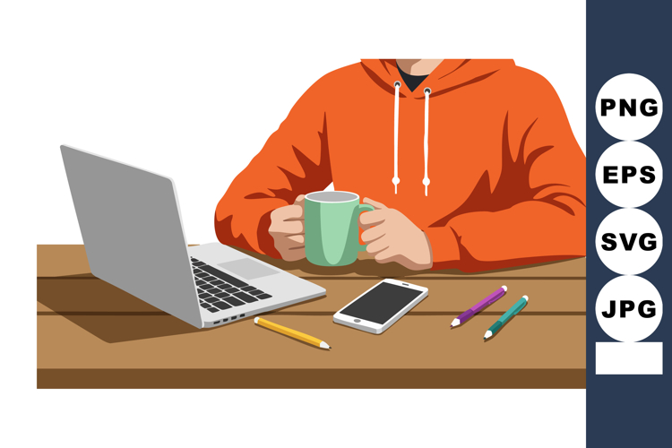 Person in orange hoodie working with laptop and smartphone h