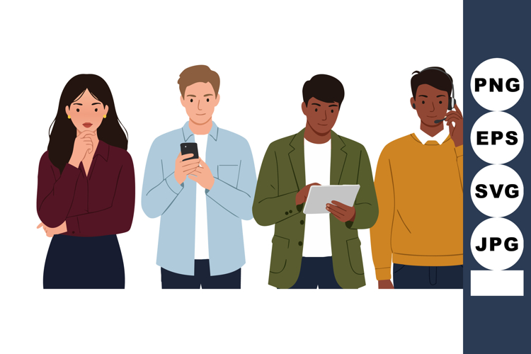 Diverse group of young people using mobile devices and think