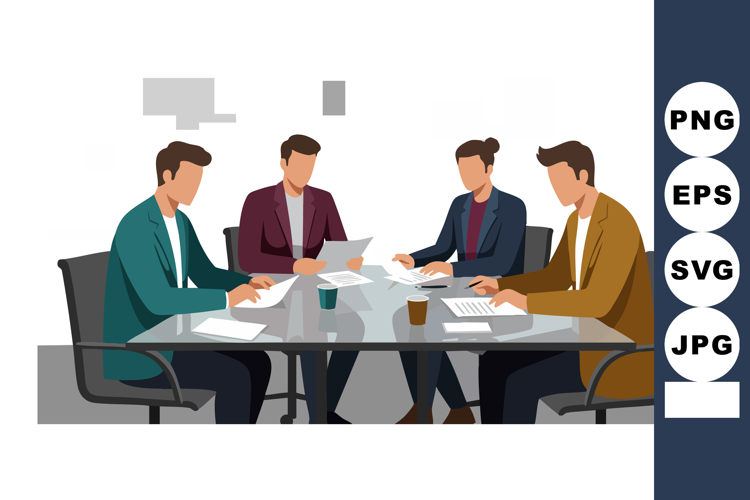 Business meeting with four professionals discussing document
