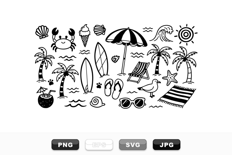 Black And White Summer Beach Clipart Set For Crafts