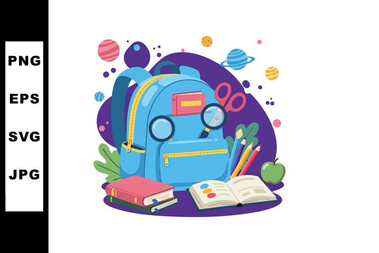 School backpack with books pencils scissors and magnifying g