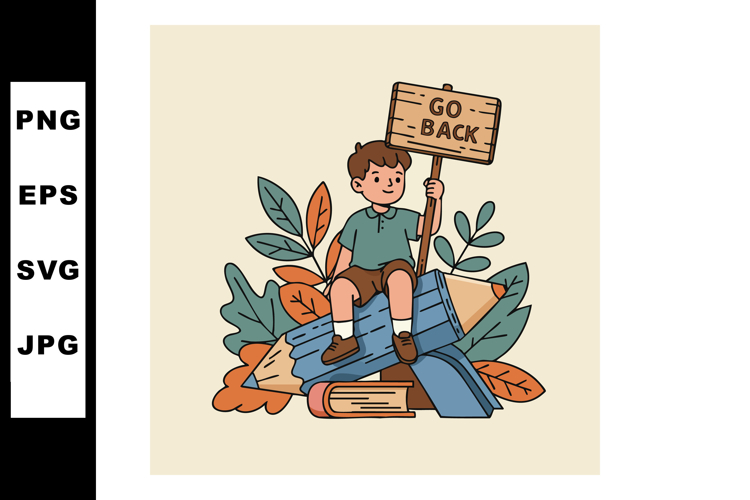 Boy Sitting on Giant Pencil Holding Go Back Sign with Leaves