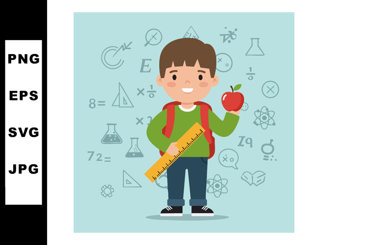 Schoolboy holding apple and ruler with educational icons bac