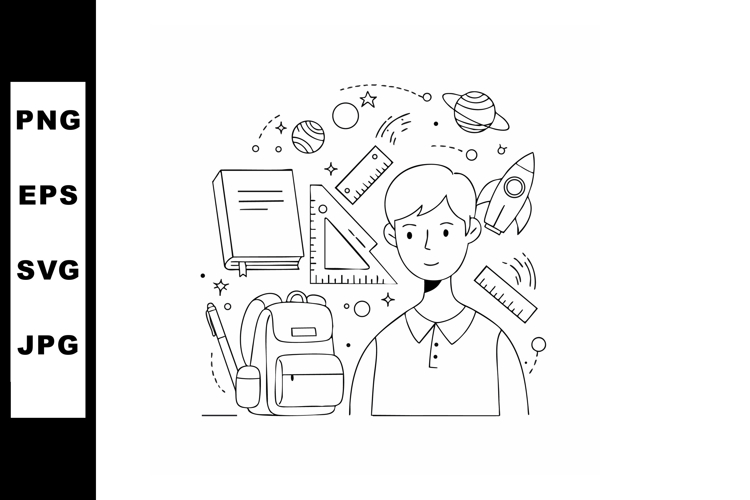 Student with school supplies and space science elements vect