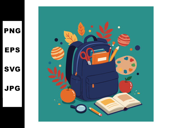 School backpack with books pencils magnifying glass and autu