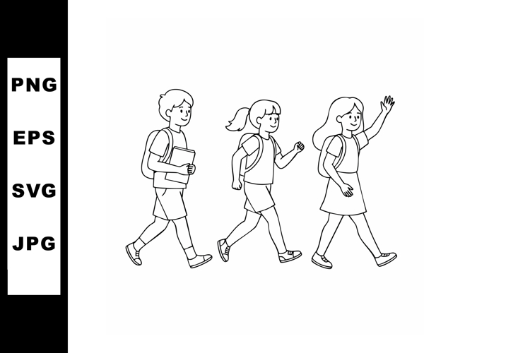 Children walking to school with backpacks in line vector ill