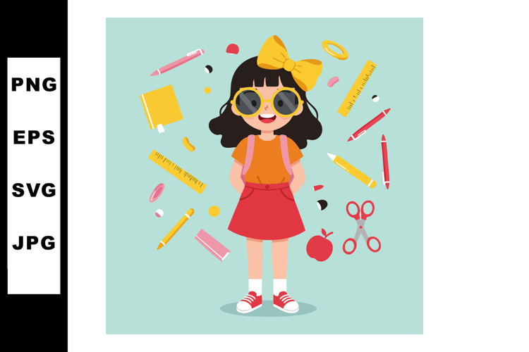 Little girl with yellow bow and school supplies vector illus