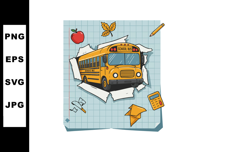Yellow school bus breaking through paper with school supplie