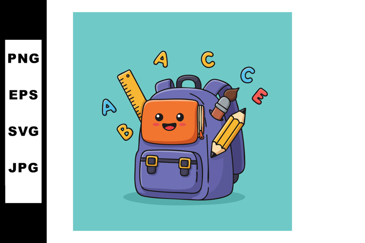 Cute purple school backpack with pencils ruler and colorful