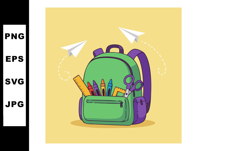 Green and purple backpack with school supplies and flying pa