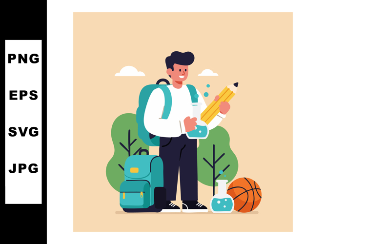 Student with backpack holding pencil and basketball educatio