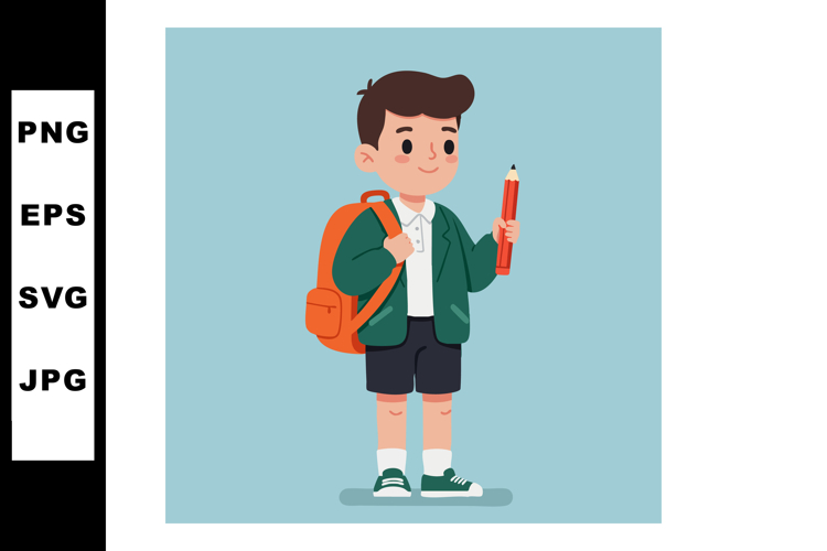 Boy holding pencil with orange backpack standing on blue bac