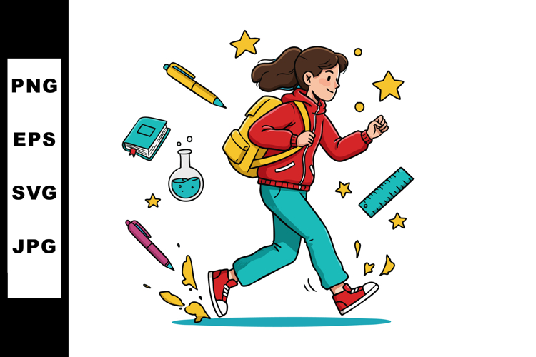 Girl student walking with backpack surrounded by school supp
