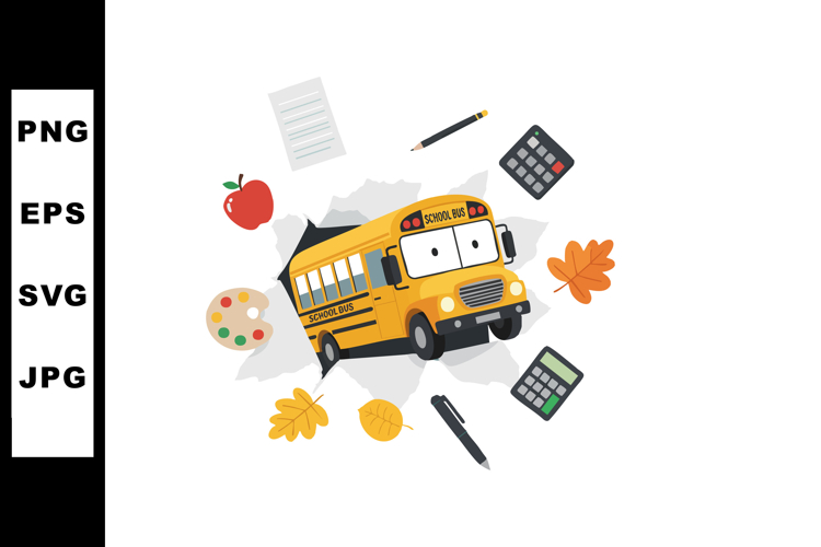 School bus with autumn leaves apple and stationery for back