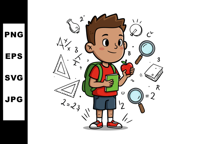 Curious schoolboy holding apple and book with educational sy